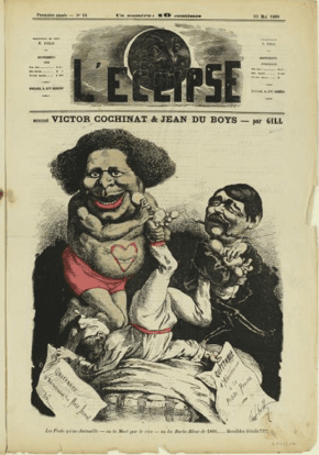 Caricature de V Cochinat, assistant d’Alexandre Dumas père, et de Jean du Boys (l’Eclipse, 1868, @musée Carnavalet)